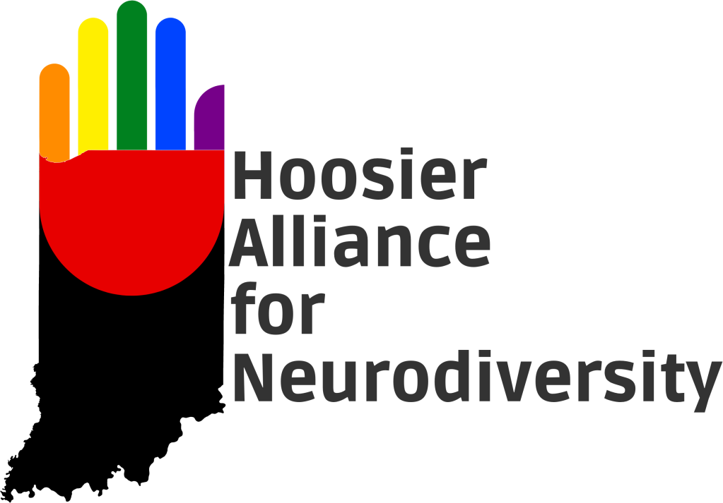 Hoosier Alliance for Neurodiversity logo of a rainbow hand in the shape of Indiana